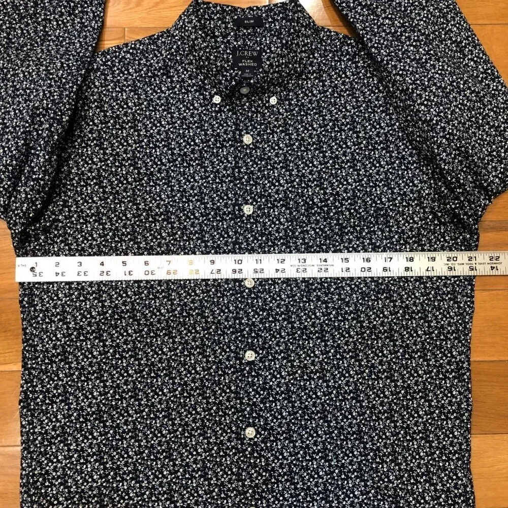 J Crew Slim Flex Washed Navy & White Floral Button Down Shirt Size M
